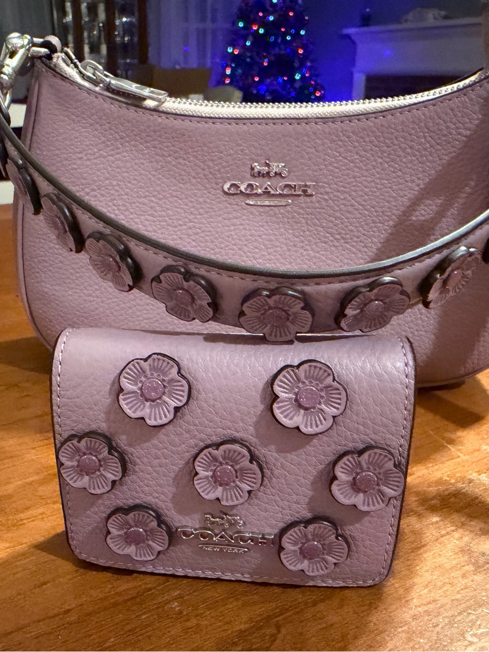 Coach lavender Pebbled Leather Shoulder Bag with Floral Appliqué card holder